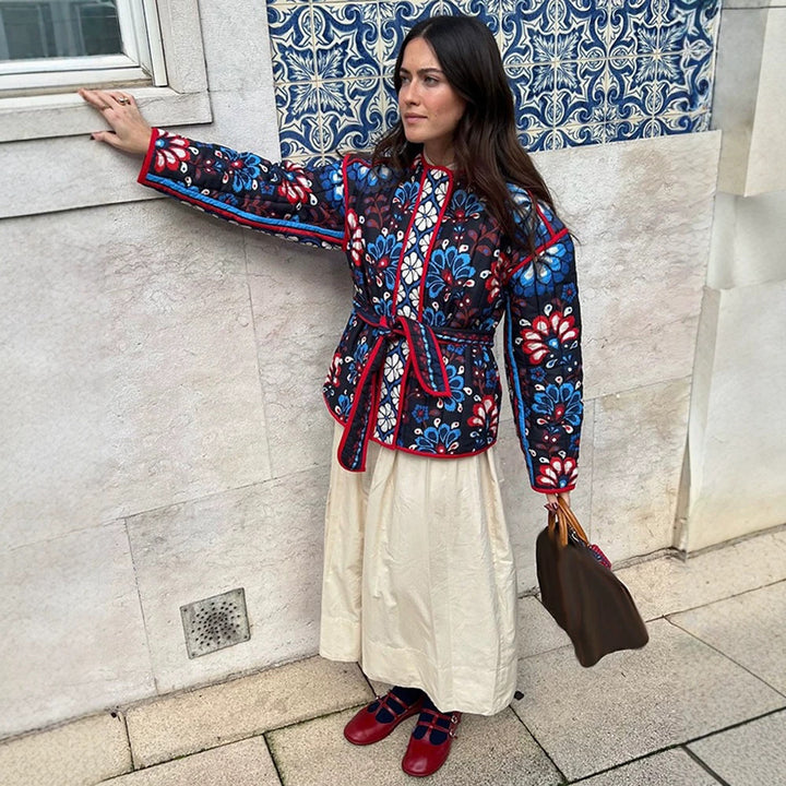 Women's Tailored Quilted Jacquard Cotton Jacket with Folk Floral Pattern & Tie Belt Amarae