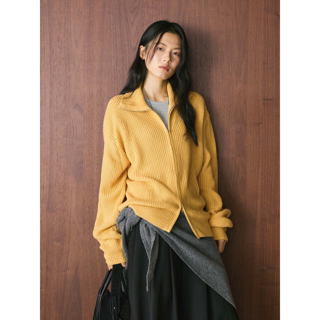 Women's chunky knit zip cardigan with high stand-up collar and dropped shoulder Amarae
