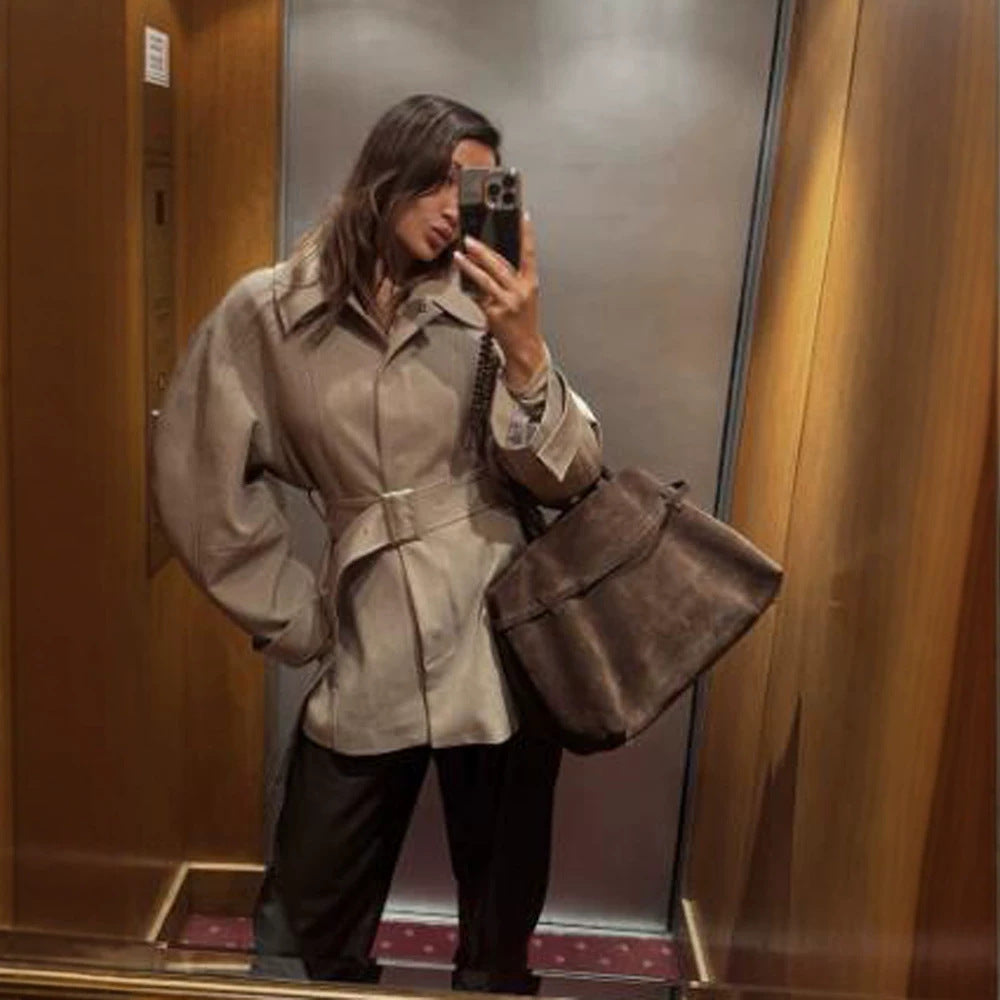 Women's Short Trench Coat with Waist Belt, Dropped Shoulder and Voluminous Balloon Sleeves Amarae