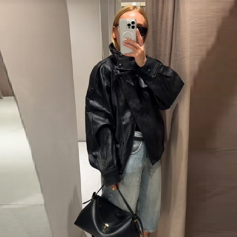 Elegant and voluminous leather jacket for women with high collar Lune London