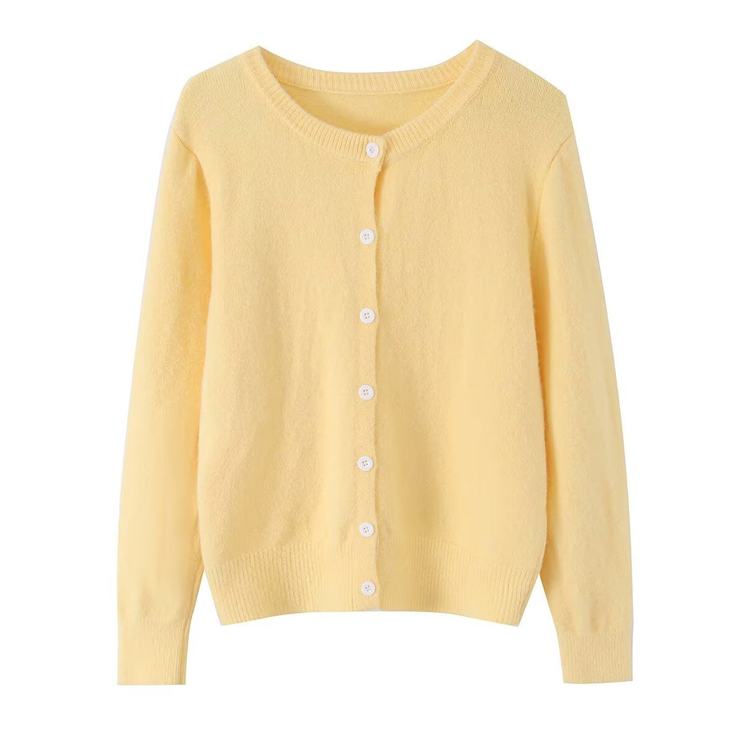 Women's lightweight fine knit cardigan with round neck, ribbed cuffs, and pearl buttons Amarae