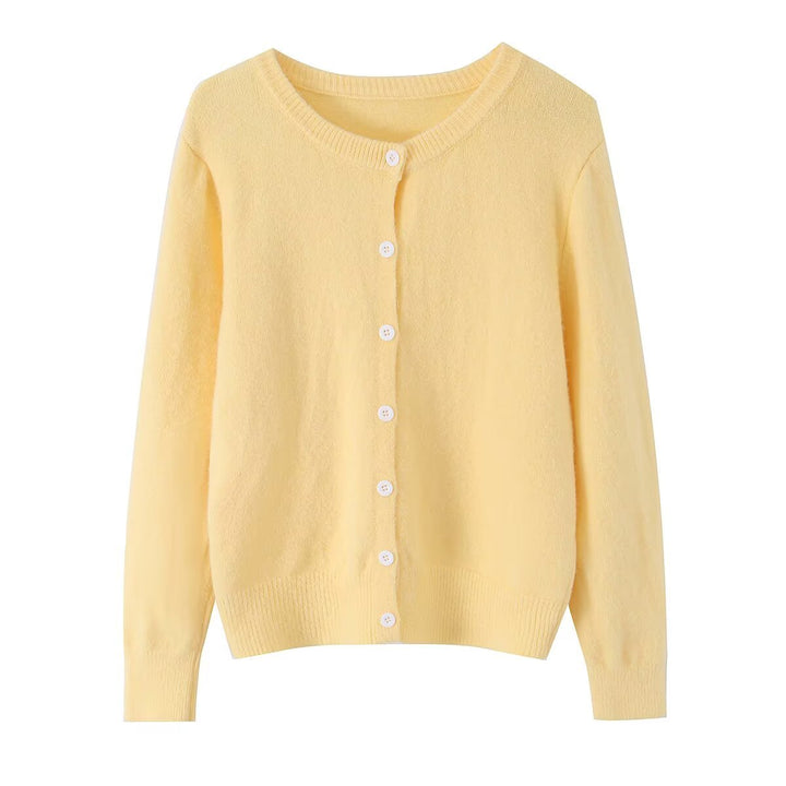 Women's lightweight fine knit cardigan with round neck, ribbed cuffs, and pearl buttons Amarae