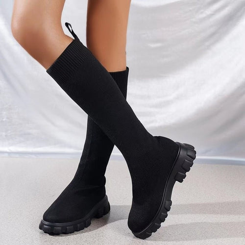 High knitted boots for women with slip-resistant molded sole and elastic upper Amarae