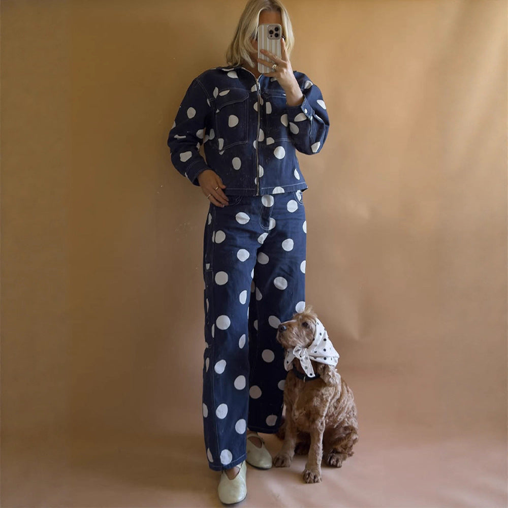 Women's wide cargo pants with high waist, polka dot print and visible contrast stitching Amarae