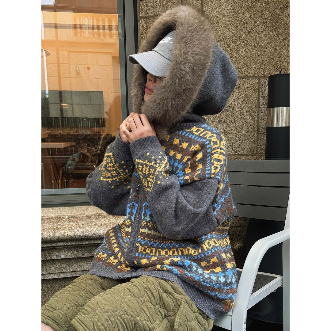 Women's patterned cardigan with faux fur hood and zipper Amarae