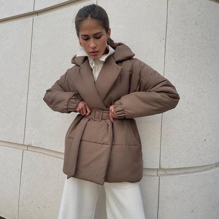 Women Elegant and warm quilted jacket with waist belt Lune London