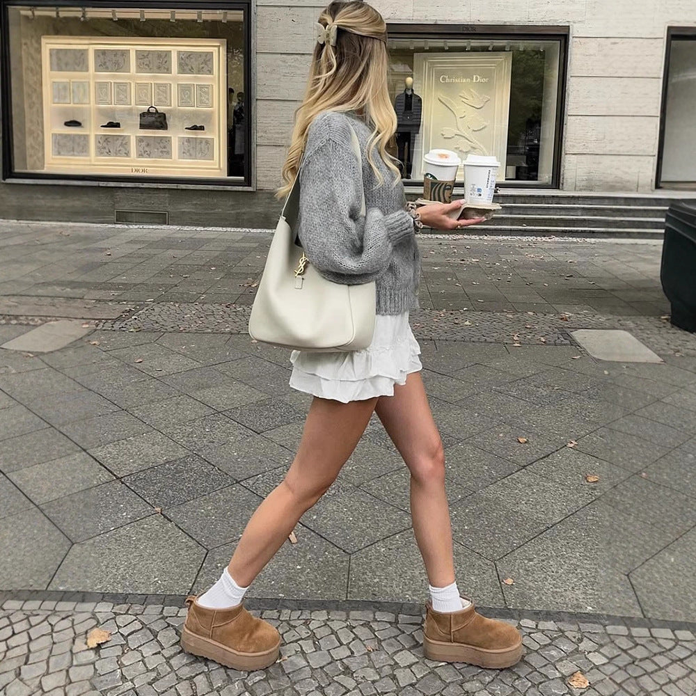 Women's cropped chunky knit cardigan with oversized balloon sleeves and visible button placket Amarae