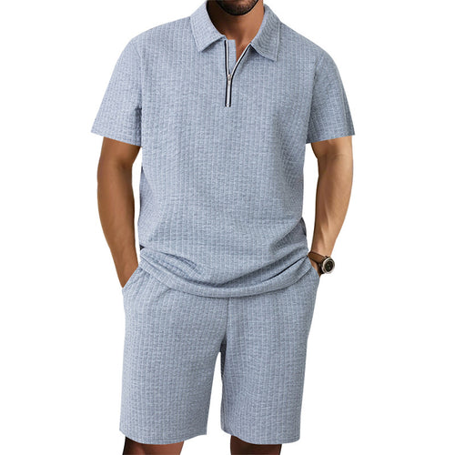 Men's modern short sleeve polo with contemporary design and chic elastic shorts