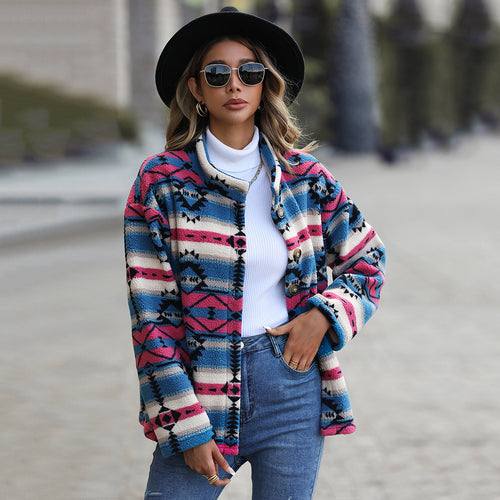 Women's polar jacket in boho style with unique geometric pattern and large buttons Amarae