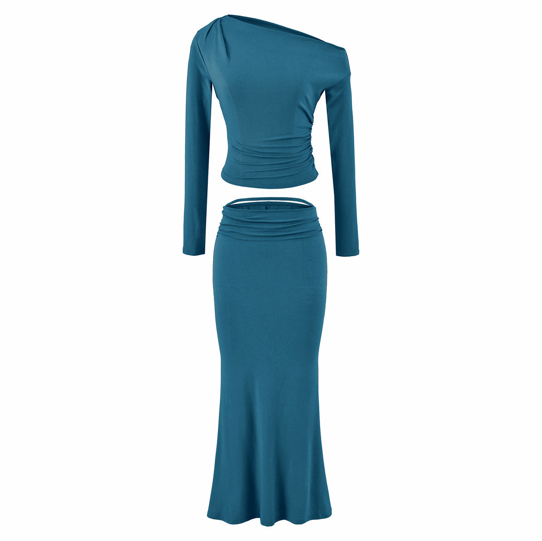 Women's One-Shoulder Two-Piece Set with Ruched Crop Top and Fitted Maxi Skirt Amarae