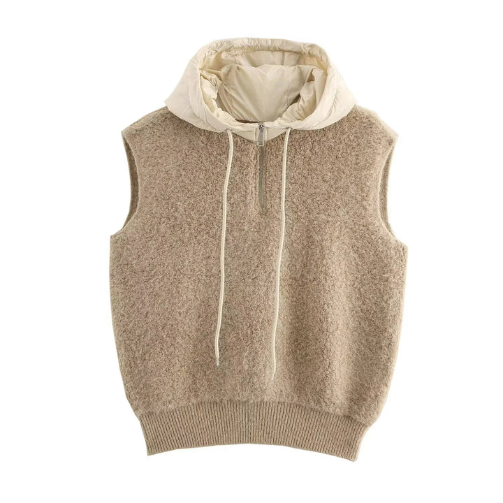 Women's sleeveless knitted vest with quilted hood and half zip Amarae
