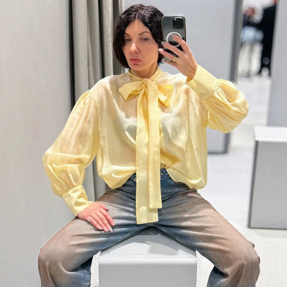 Women's Satin Bow Blouse with Balloon Sleeves & Wide Cuffs Amarae
