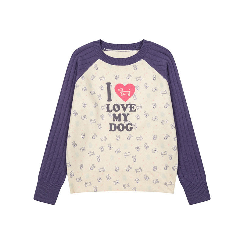 Women's knitted raglan sweater with heart dog motif, ribbed sleeves and all-over print Amarae