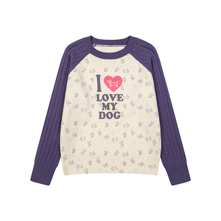 Women's knitted raglan sweater with heart dog motif, ribbed sleeves and all-over print Amarae