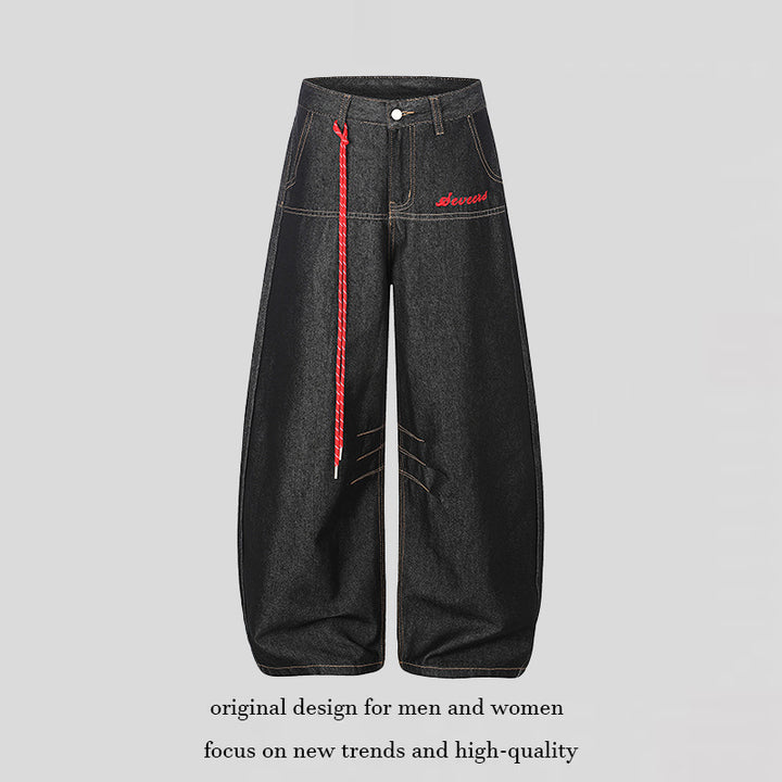 Women's Extra Wide Palazzo Jeans with Decorative Drawstring and Decorative Stitching Amarae