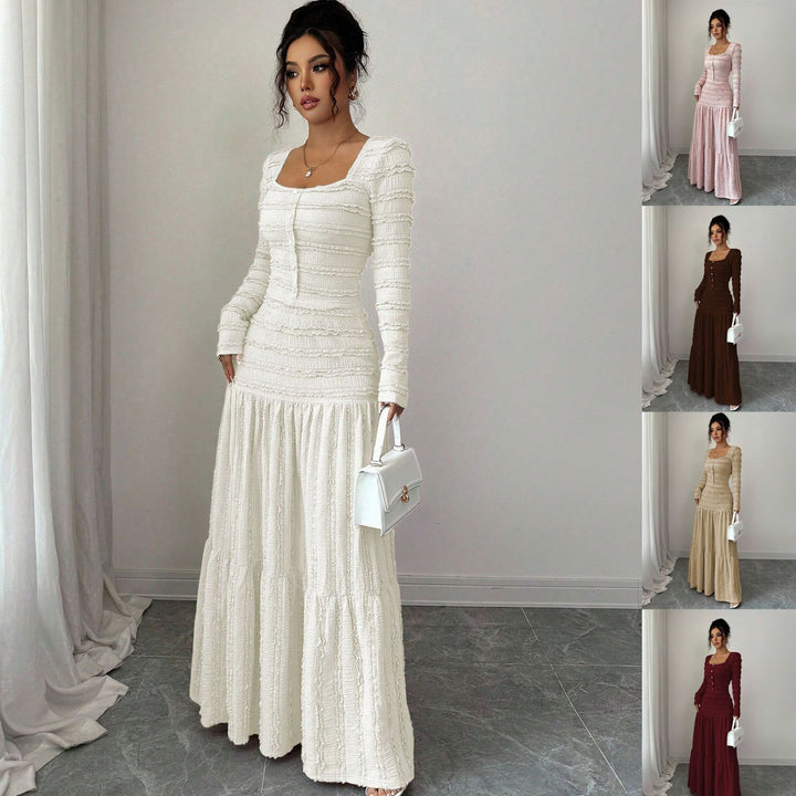 Women's Figure-Hugging Ruffle Maxi Dress with Square Neckline and Button Placket Amarae