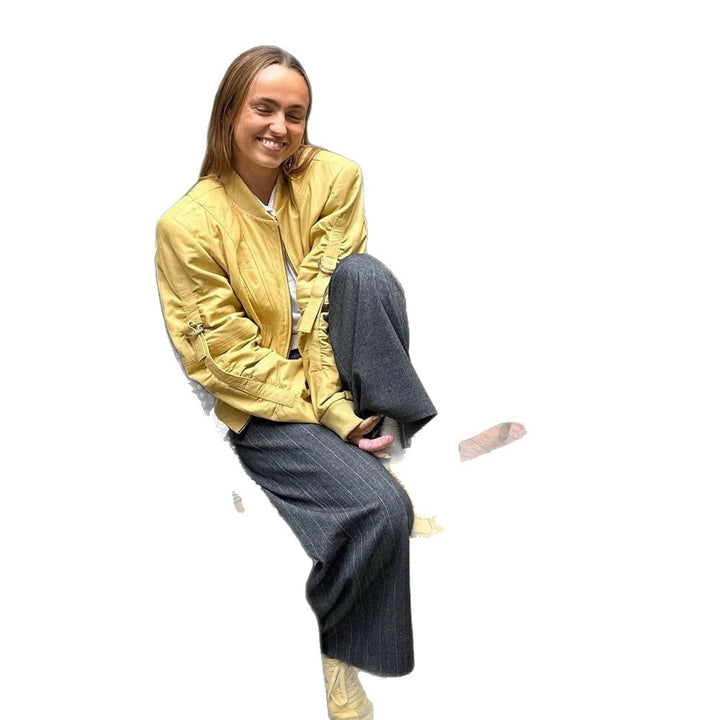 Women's short bomber jacket in boxy cut with distinctive seam details, zipper pockets and ribbed cuffs Amarae