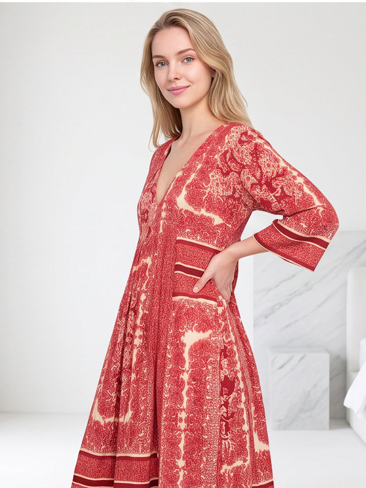 Women’s V neck midi dress with three-quarter sleeves, side pockets & flared A-line silhouette Amarae