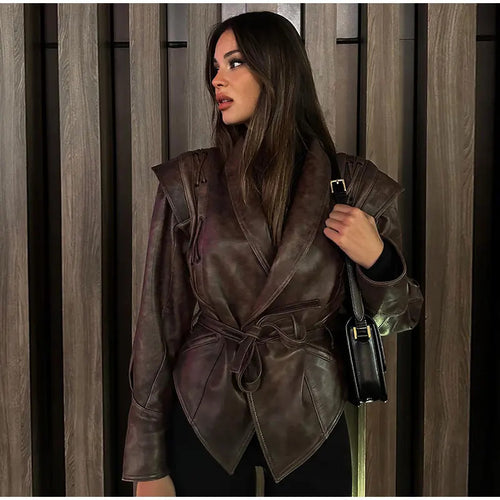 Feminine suede leather jacket with fitted cut and tie belt Amarae