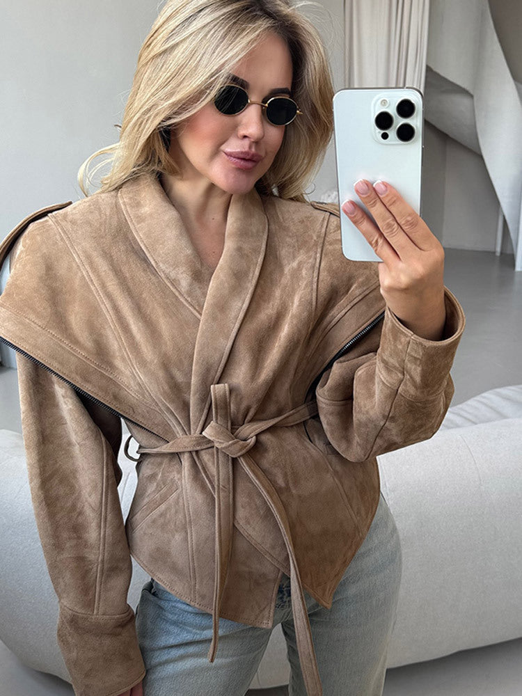 Women's Suede Wrap Jacket with Wide Shawl Collar and Waist Belt Amarae