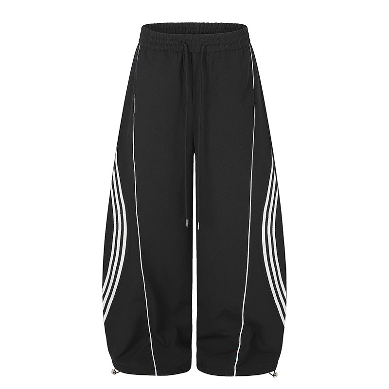 Women's Wide Tech Material Palazzo Pants with Drawstring Waistband, Reflective Side Stripes and Adjustable Cord Hem