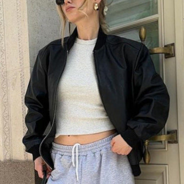 Chic Urban Style Synthetic Leather Bomber Jacket for Women
