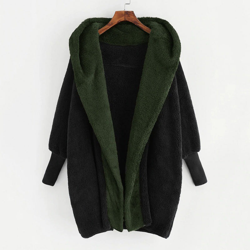 Women's Oversized Faux Fur Hooded Coat with Contrasting Teddy Lining and Ribbed Cuffs Amarae