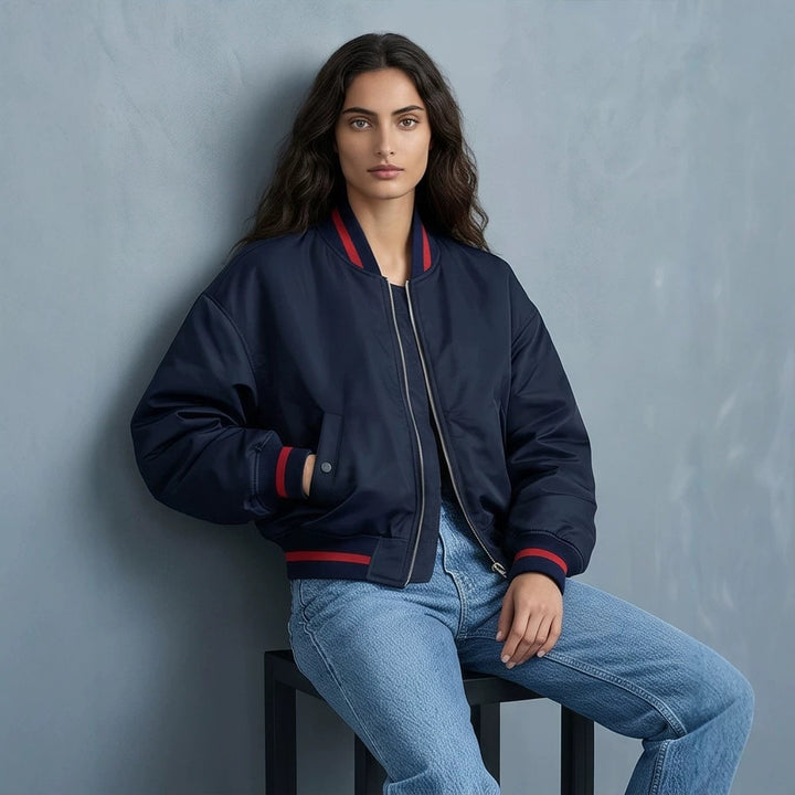 Women's Short Cut Oversized Bomber Jacket with Voluminous Sleeves and Ribbed Cuffs Amarae