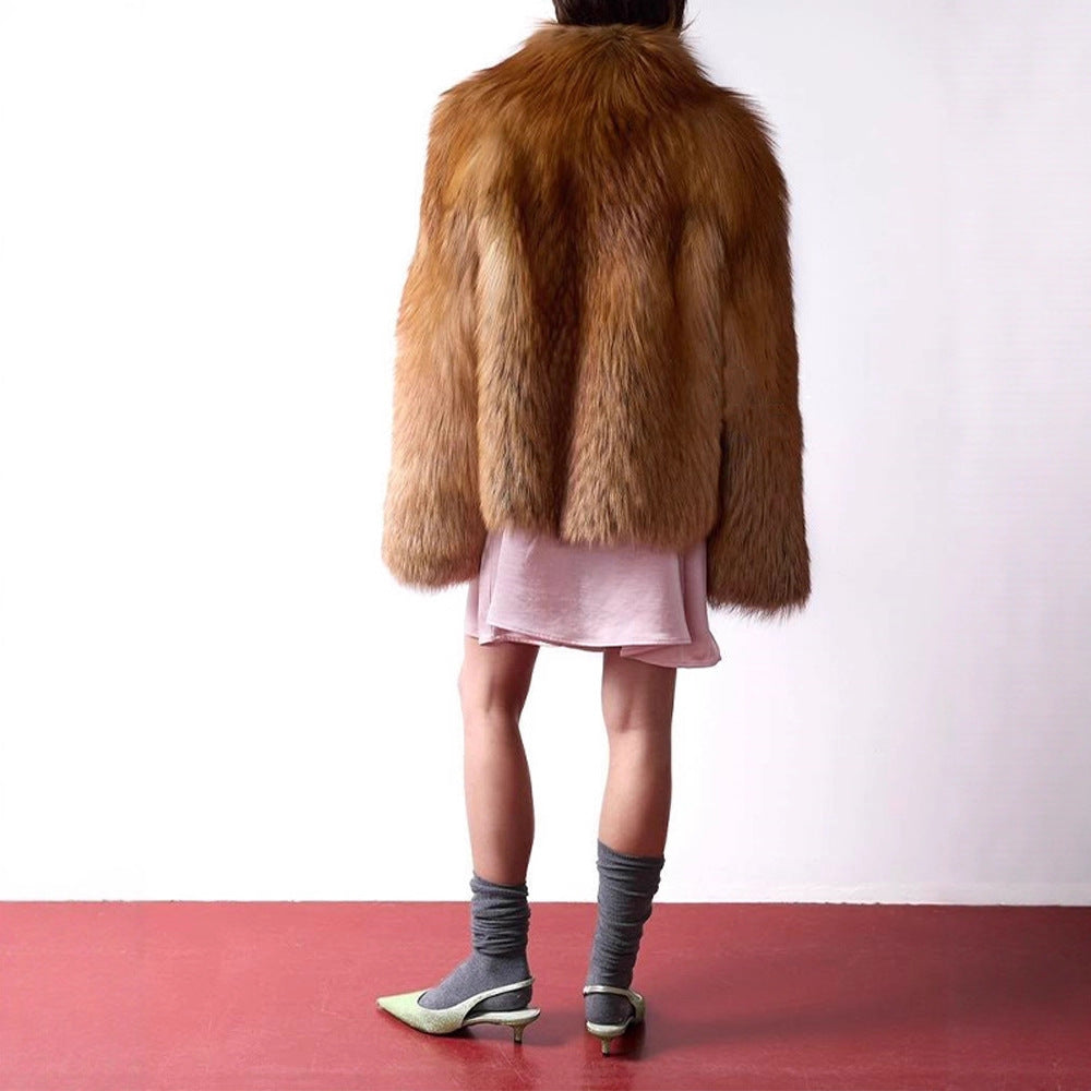 Women's Short Plush Faux Fur Coat with Boxy Silhouette and Voluminous Shawl Collar Amarae