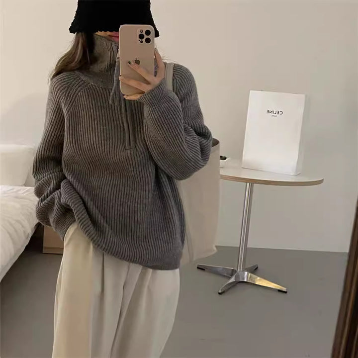 Knitted sweater for ladies with high collar and ribbed structure Lune London