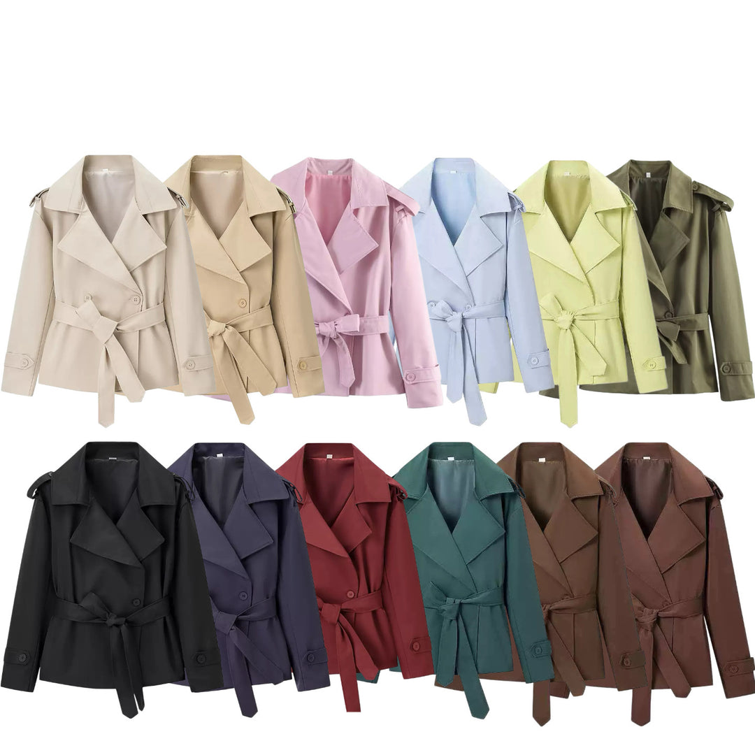 Women’s short trench coat with oversized lapels, tie belt, and epaulettes Amarae