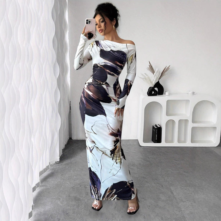 Elegant maxi dress for women with original artistic print and off-shoulder design Lune London