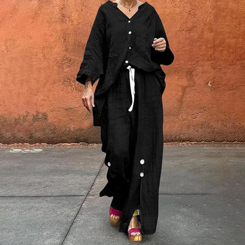 Women Casual Two-Piece Linen Set with Button Closure and Side Slits Amarae