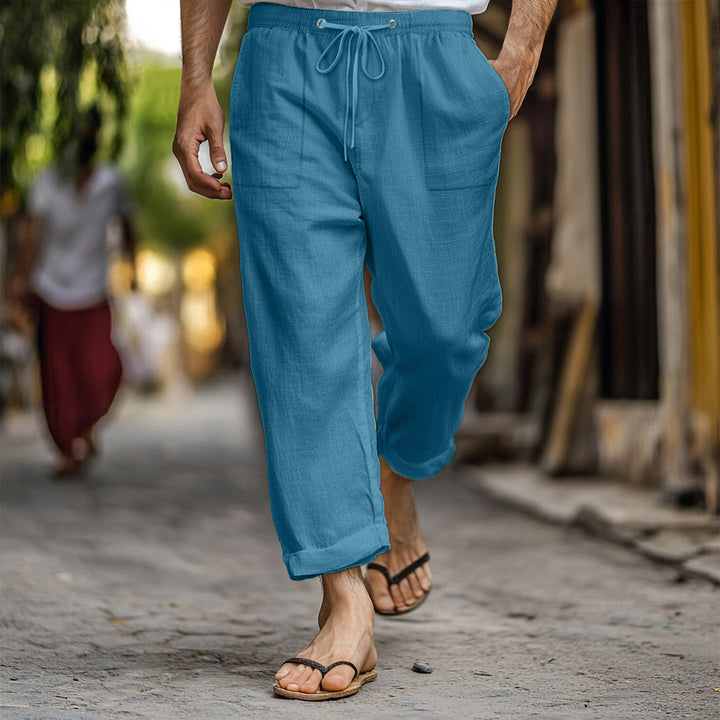 Casual and breathable linen pants for men with elastic waistband and practical side pockets Lune London