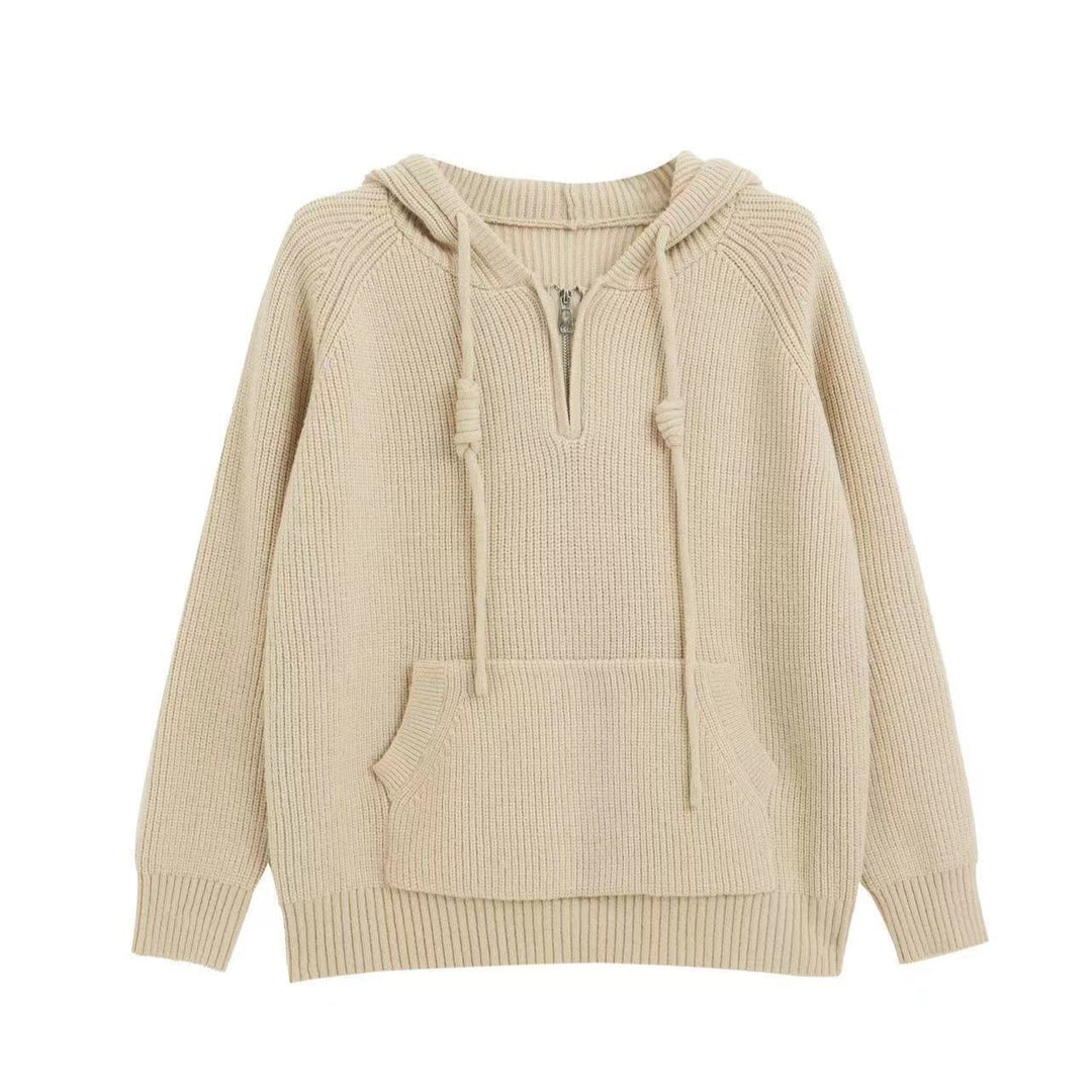 Ladies oversized knitted sweater with hood and practical zip pockets Lune London