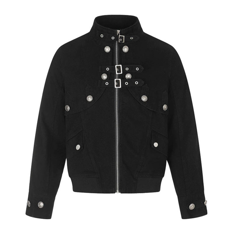 Women's short fitted bomber jacket with stand-up collar, decorative buckles, and flap pockets Amarae