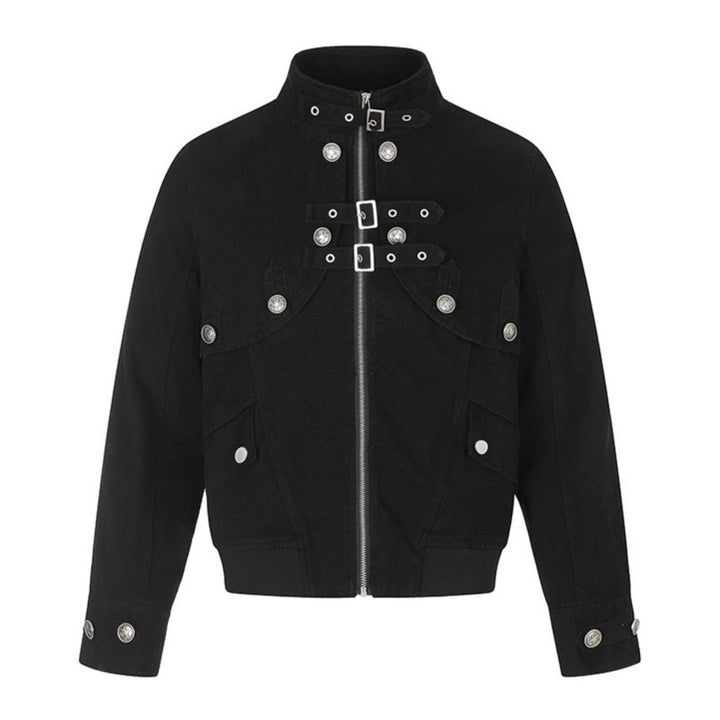 Women's short fitted bomber jacket with stand-up collar, decorative buckles, and flap pockets Amarae