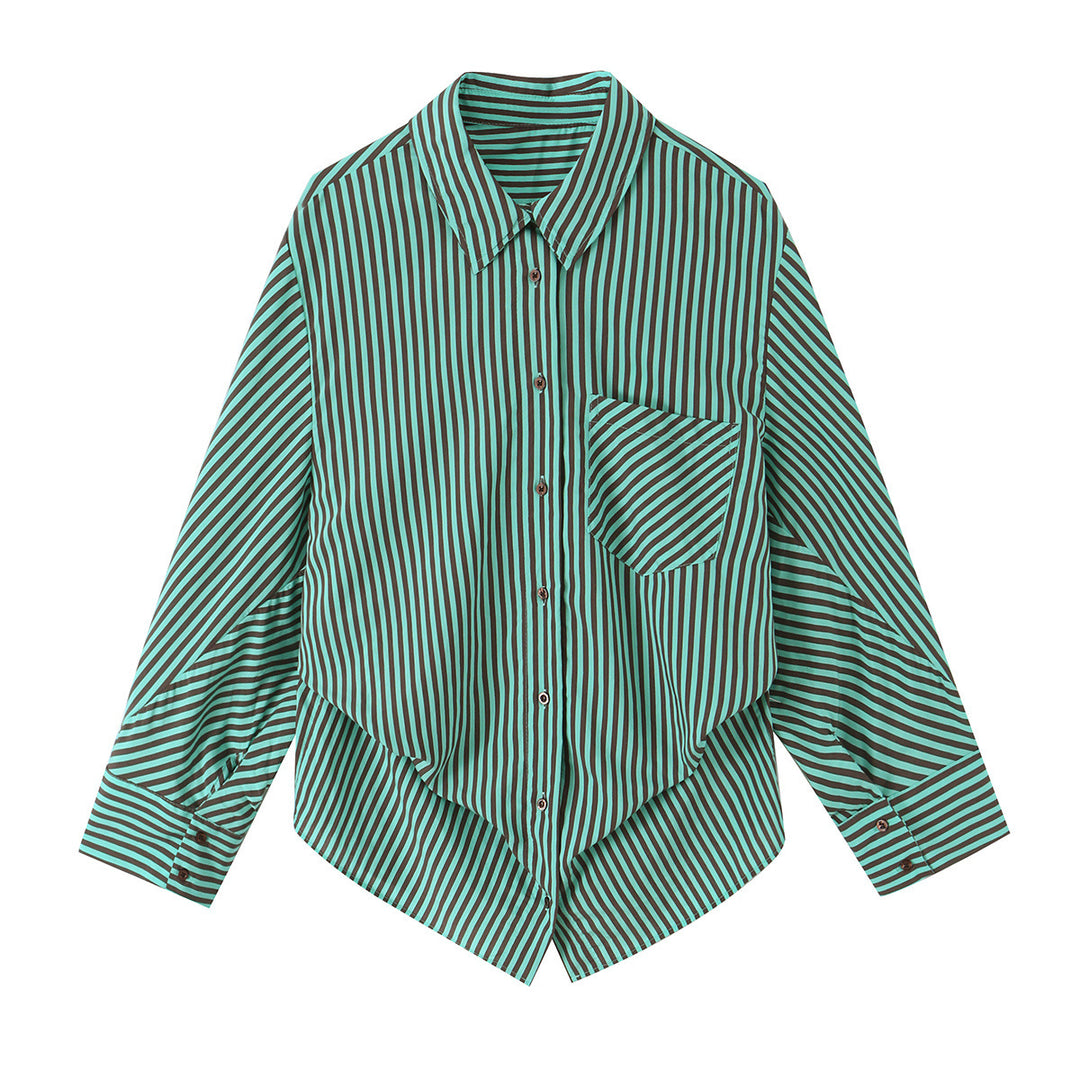 Women's oversized shirt blouse with diagonal stripe pattern, breast pocket, and asymmetrical hem.