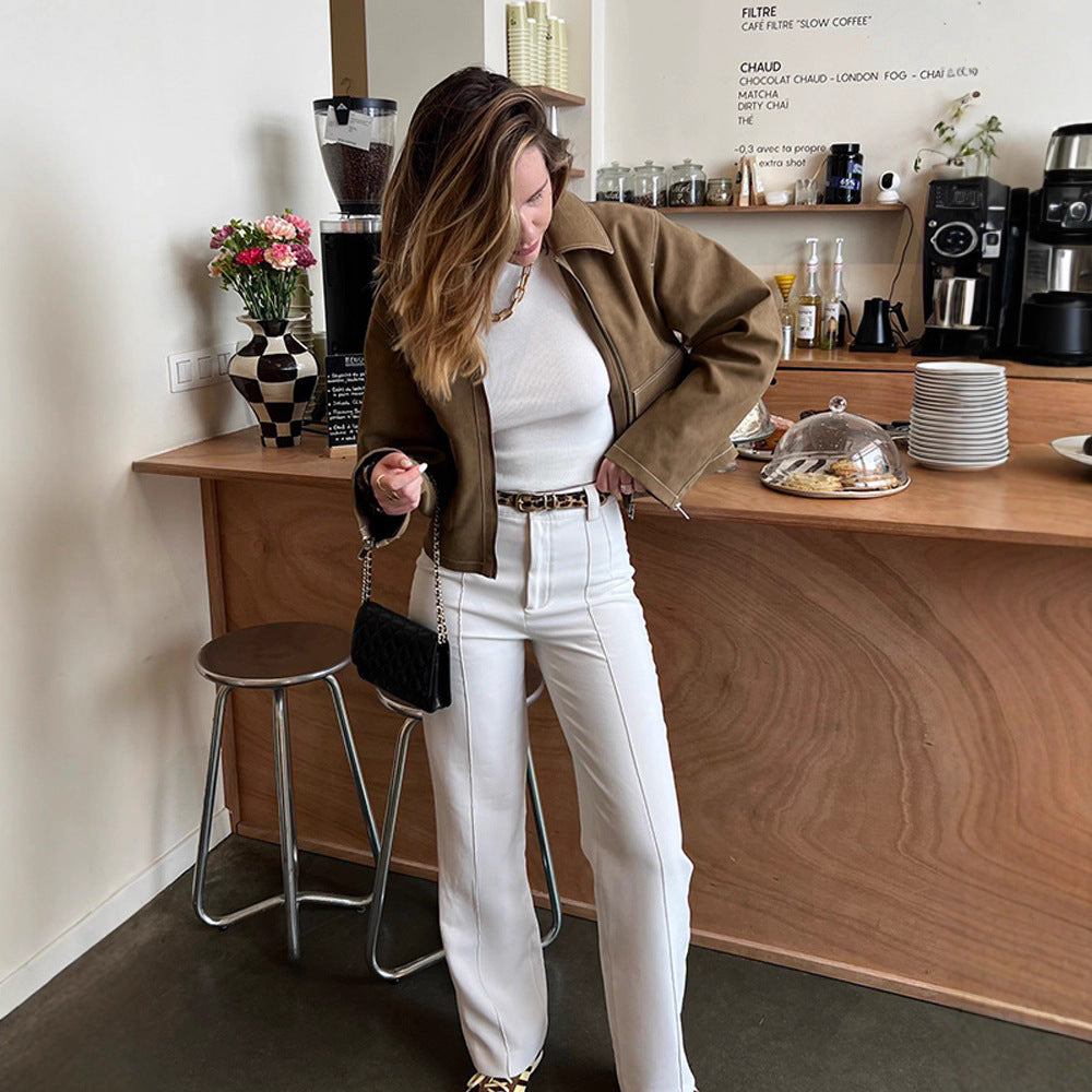 Women's Boxy Velvet Leather Blouson with Contrast Seams and Front Zipper Amarae