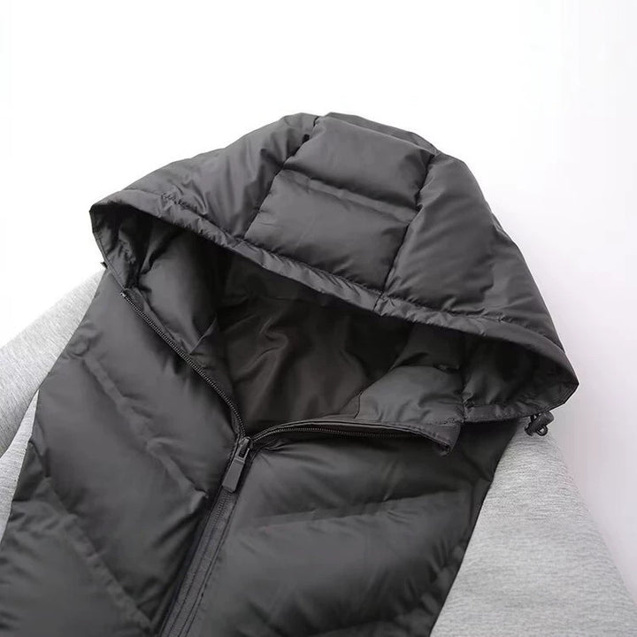Ladies Hooded Hybrid Jacket with Quilted Front and Sweat Sleeves Amarae
