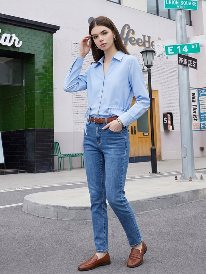 Women Lightweight Blouse with Drawstring Waist and Classic Shirt Collar Amarae