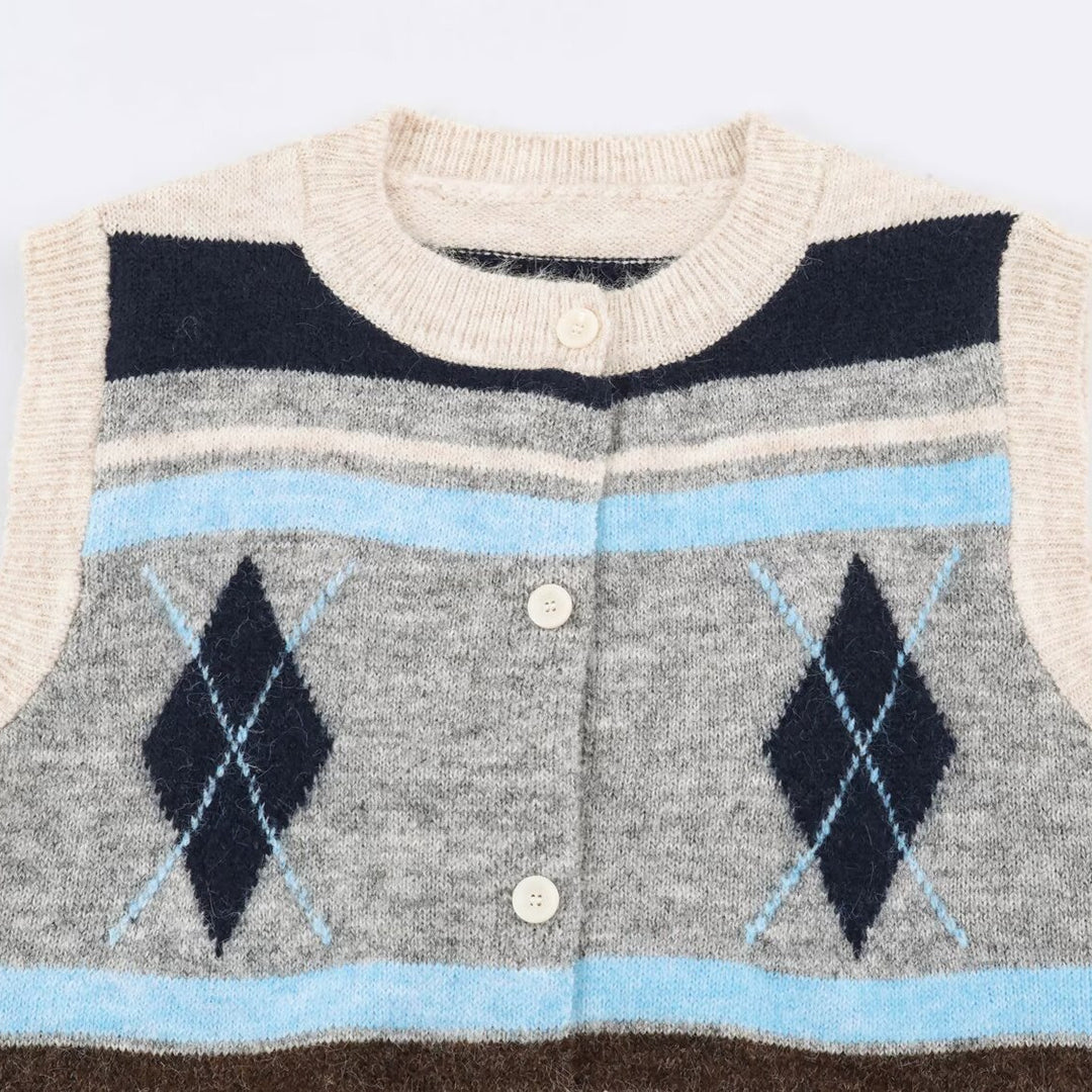 Ladies Sleeveless Argyle Knitted Vest with Continuous Button Placket and Ribbed Hem Amarae