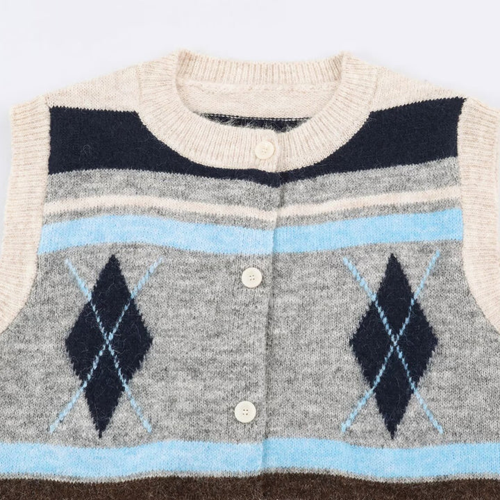 Ladies Sleeveless Argyle Knitted Vest with Continuous Button Placket and Ribbed Hem Amarae
