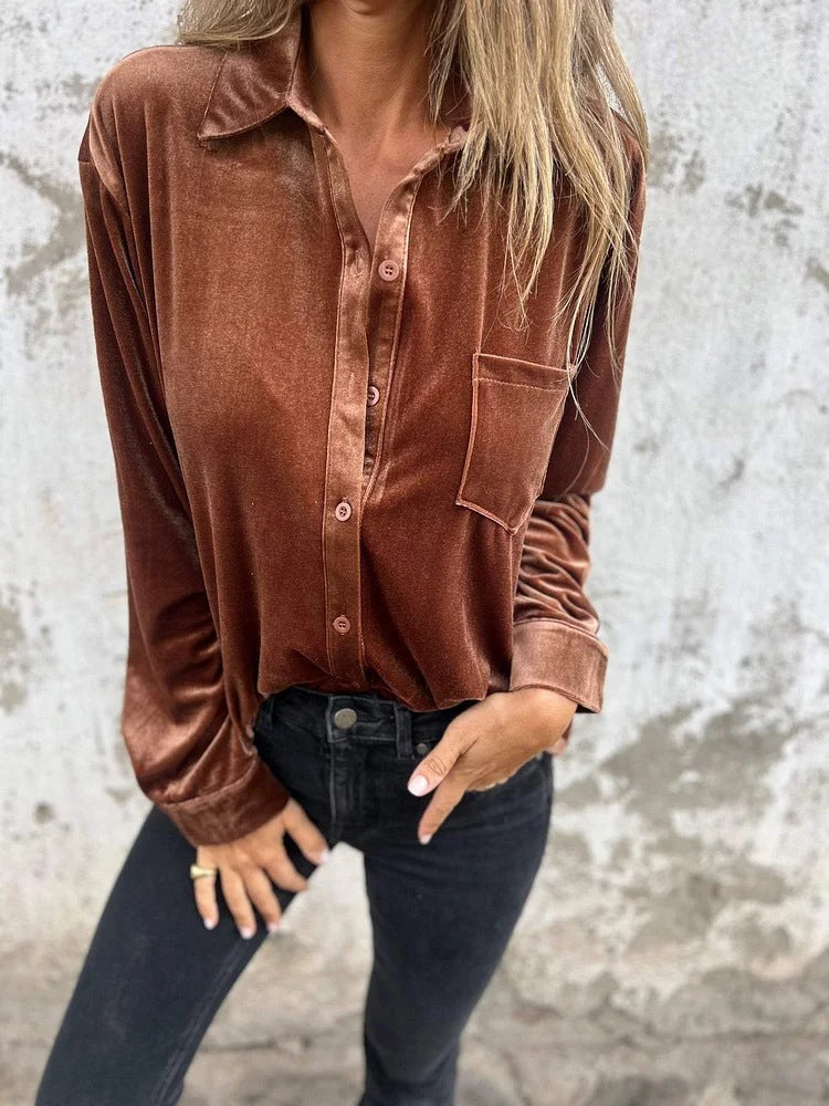 Women Elegant velvet blouse with classic shirt collar and long sleeves Lune London