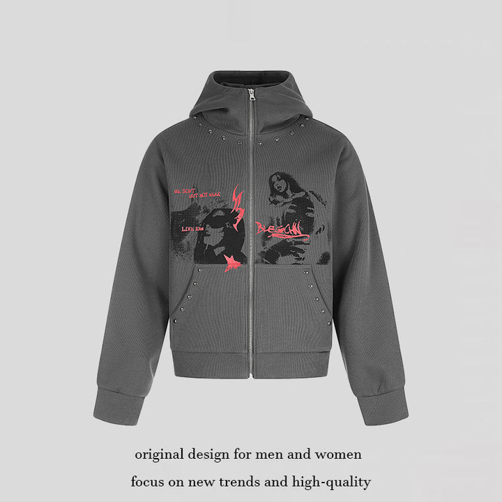 Ladies Hooded Zip Jacket with Stud Embellishment, Artwork Front Print and Kangaroo Pockets Amarae