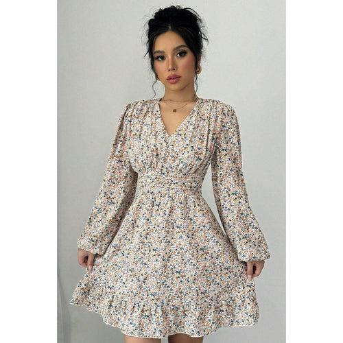 Mini dress adorned with flowers for women with deep V-neck and voluminous sleeves Amarae