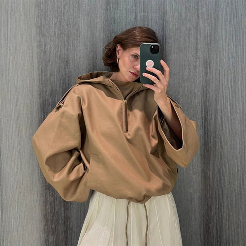 Women’s Oversized Hoodie with Half Zipper, Balloon Sleeves & Drawstring Amarae
