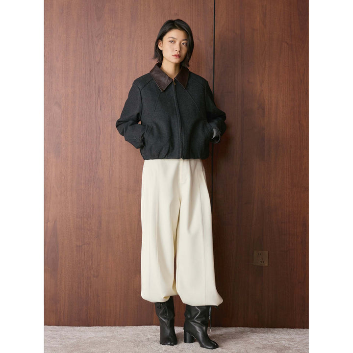 Women's Short Boxy Wool Jacket with Contrasting Leather Collar Amarae