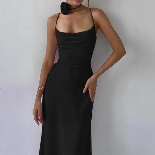 Ladies Elegant Maxi Dress in Cotton with Thin Spaghetti Straps and Deep Chic Neckline