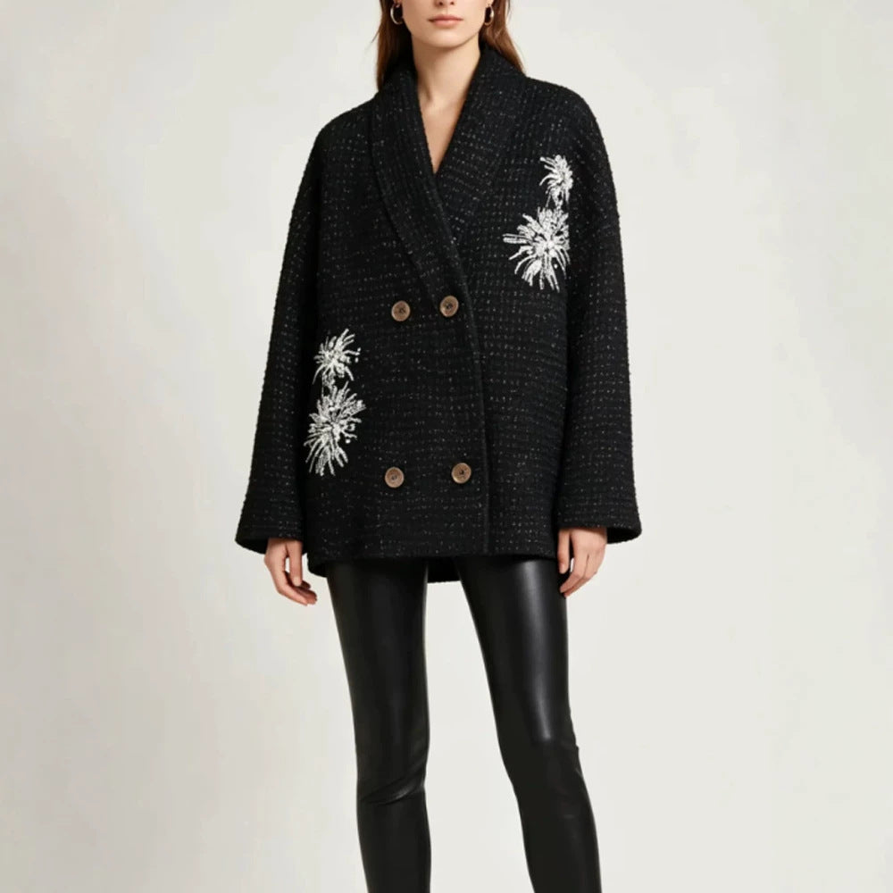Women's Oversized Boucle Coat Jacket with Shawl Collar and Floral Embroidery Amarae